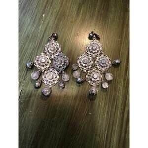 Vintage Silver Tone Art Deco Dangle Rhinestone Beaded Clip On Earrings